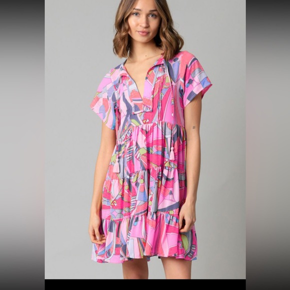 Pink abstract geometric print tassel tie flare dress - Picture 2 of 4
